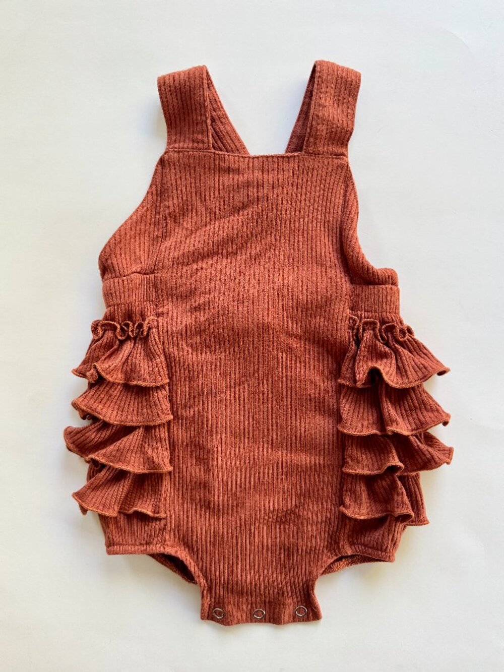 Kate Quinn Ribbed Ruffle Sunsuit Romper Rust Cinnamon 6-12M
